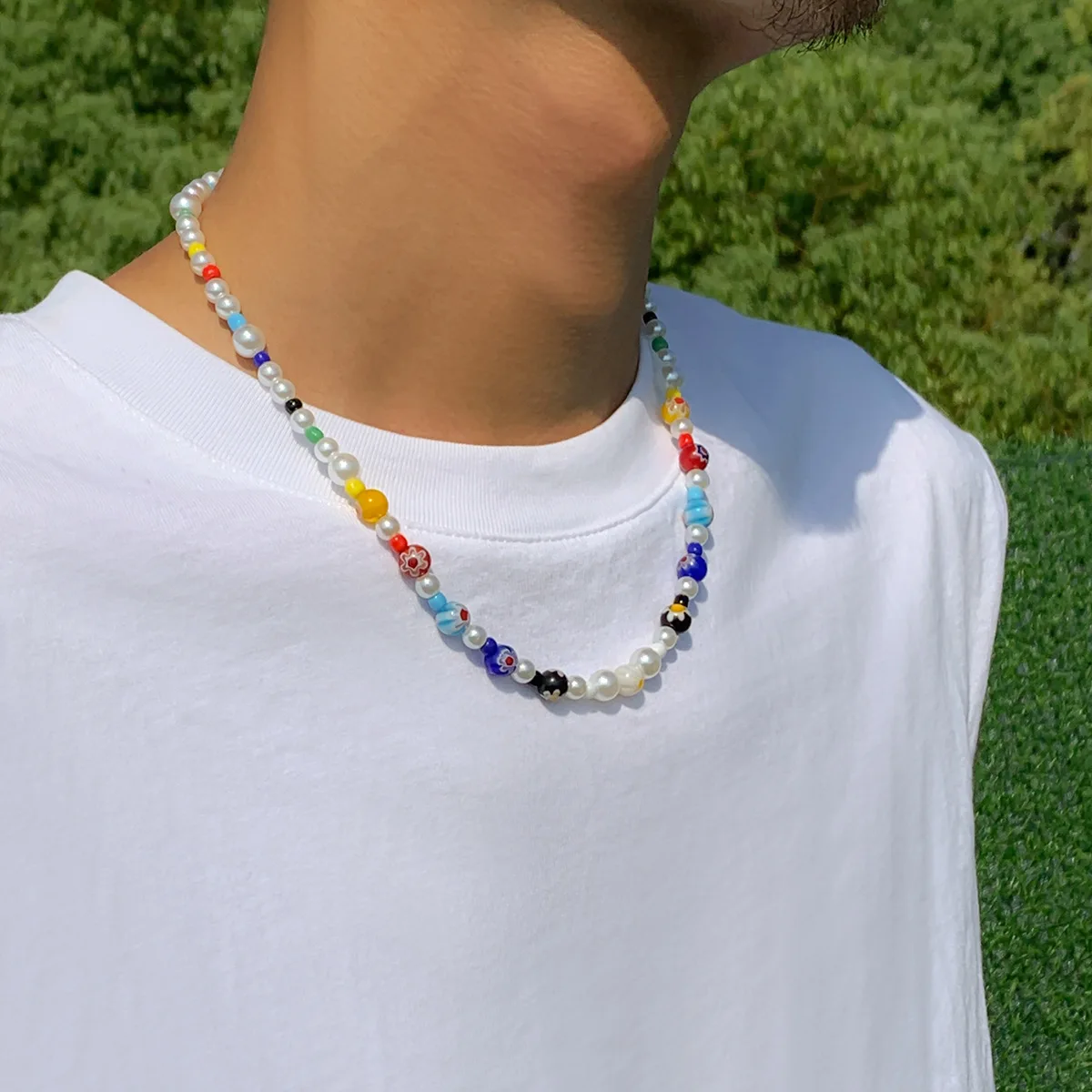 Hip-Hop-Halsketten mit farbig glasierten Perlen, Retro-Halsketten für Männer mit Acrylperlen, böhmischer Schmuck, trendige Accessoires – Detail 3