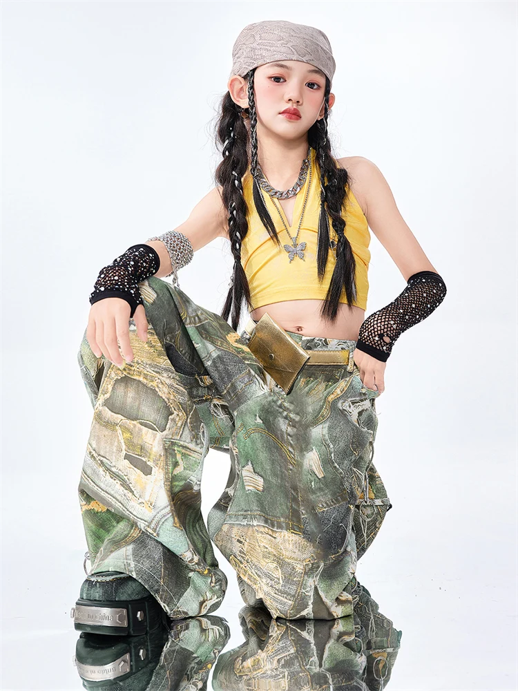 Hip Hop Mädchen Kleidung Kinder Jazz Street Dance Kostüm Gelb Glänzende Weste Grün Grüne Hose Hose für Kinder Performance Outfit