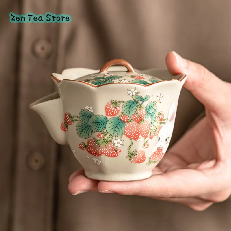 Strawberry Rabbit Ru Kiln Teapot Tea Lovely Single Pot High-grade Kung Fu Tea Set Ceramic Hand Pot Can Open Pieces