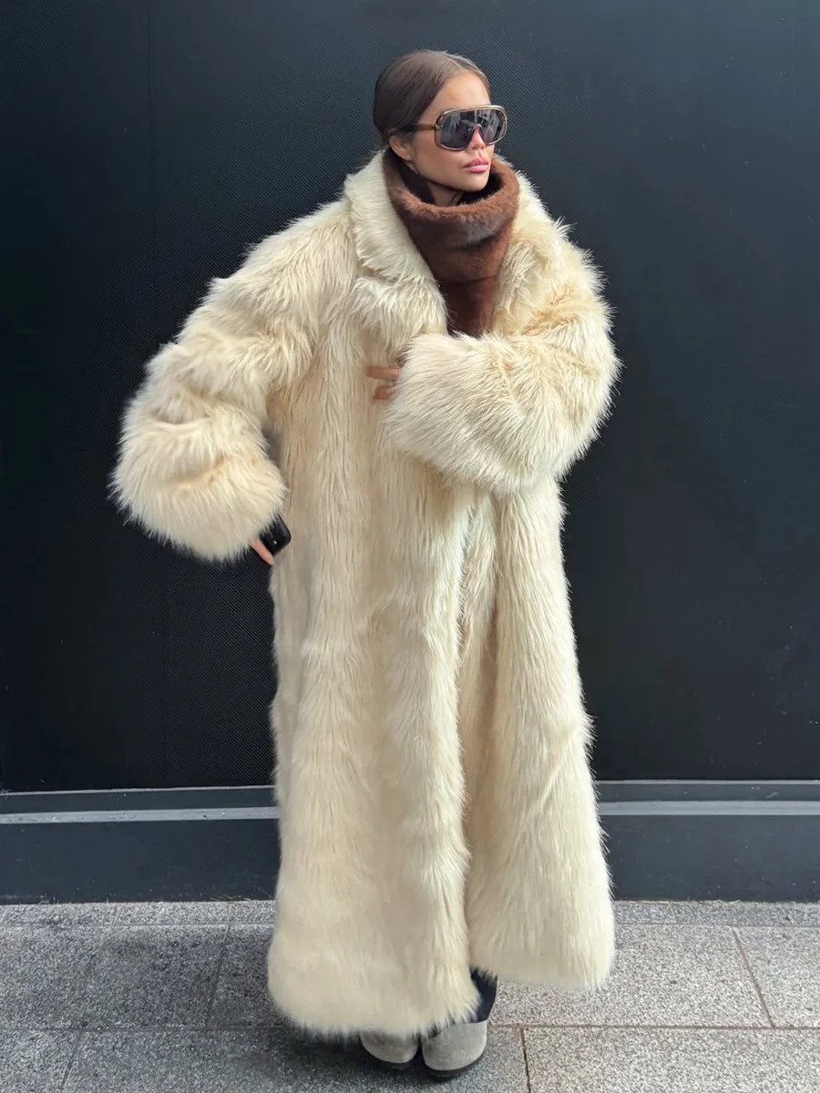 Winter Faux Fur Coats Ankle Lenth Jackets Women Turn Down Collar Long Sleeves Open Stitch Cardigan Thick Loose Elegant Overcoat