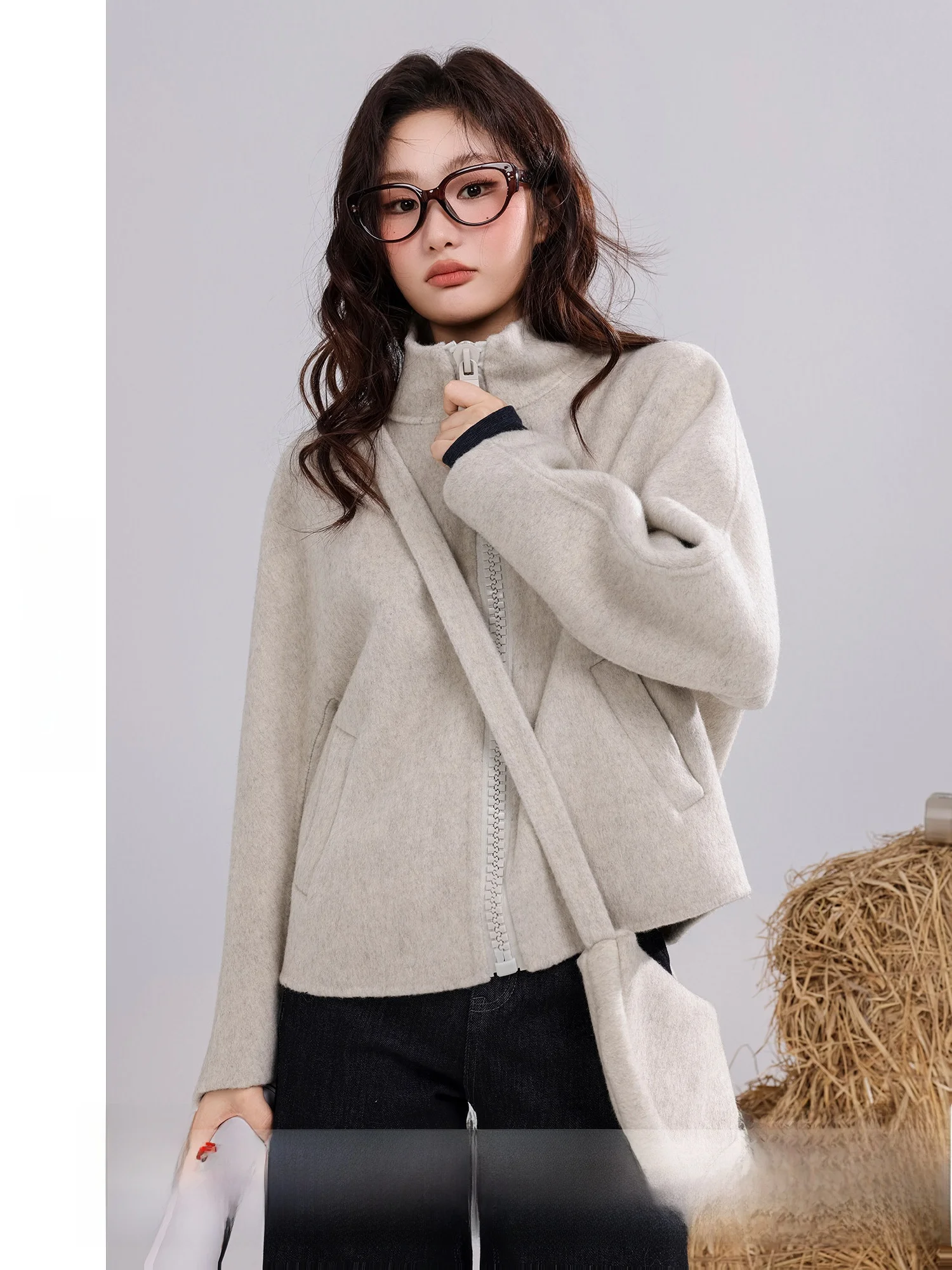 

Yuxiang Ice Crystal Double-sided Woolen Zipper Jaet Korean Sle Versatile Women's Winter Coat with Bag Matching
