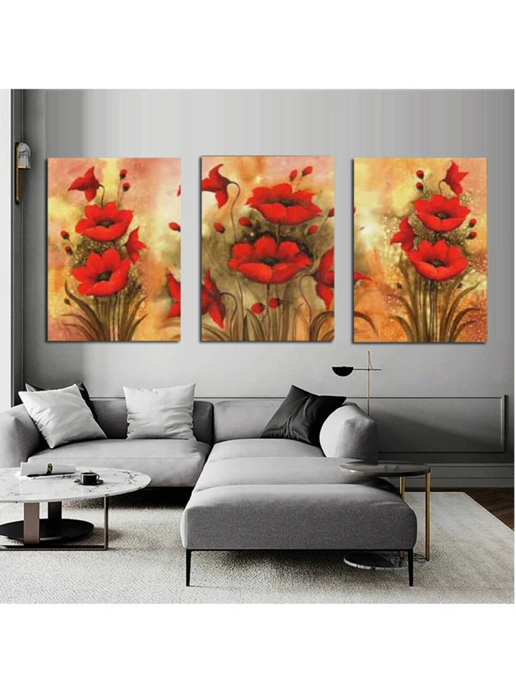 Full Square/Round Drill DIY Diamond Painting 3pcs/set Poppy Flower Scenery Embroidery Cross Stitch 5D Home Decor Triptych G123