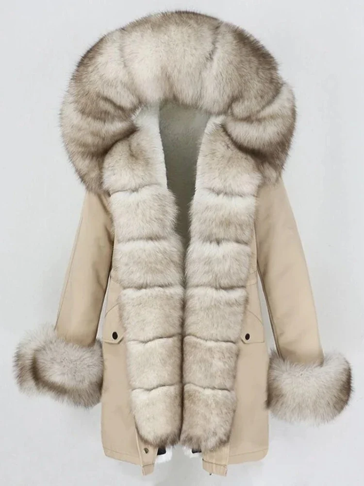 

Real Fur Jacket Fashion Winter Women Natural Fur Coat Natural Real Fox Fur Collar Loose Long Parkas Big Fur Outerwear Detachable
