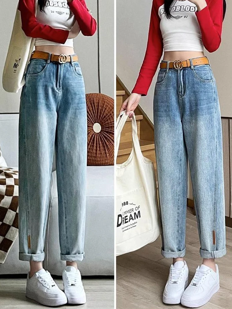 Jeans Harem alla caviglia a vita alta blu chiaro corea pantaloni larghi Casual larghi dritti Vaqueros Streetwear donna pantaloni in Denim Vintage