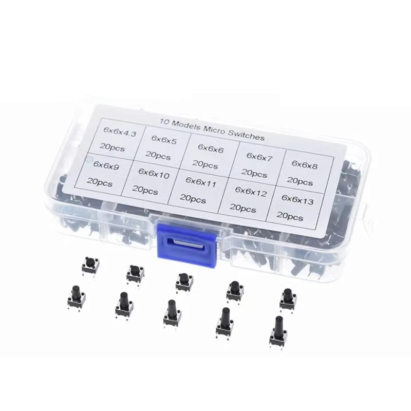 10 Value= 200pcs 6*6 Tact Switch Tactile Push Button Switch Kit, Height: 4.3MM~13MM DIP 4P Micro Switch 6x6 Key switch