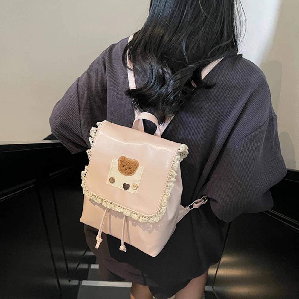 

Милый кружевной модный рюкзак с рюшами из искусственной кожи, рюкзак на шнурке с верхней ручкой, повседневный рюкзак в балетном стиле с милым медведем, дорожный рюкзак