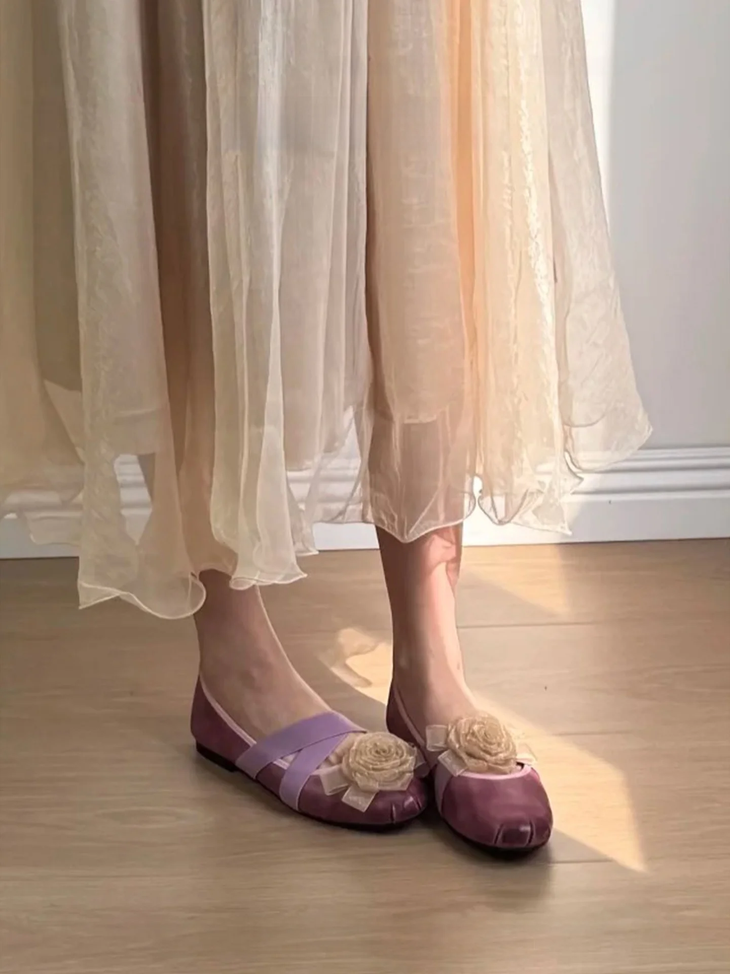 stunning-purple-leather-mary-jane-ballet-flats-square-head-women's-single-shoes-french-style-floral-elements-summer-fashion
