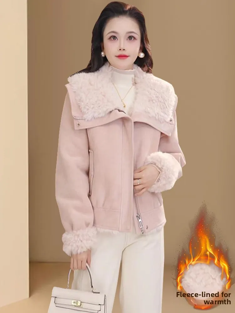 

Pink Large Collar Fur And Leather Integrated Short Coat Women's Autumn Winter New Small Size Fleece Thickened Fluffy Short Coat