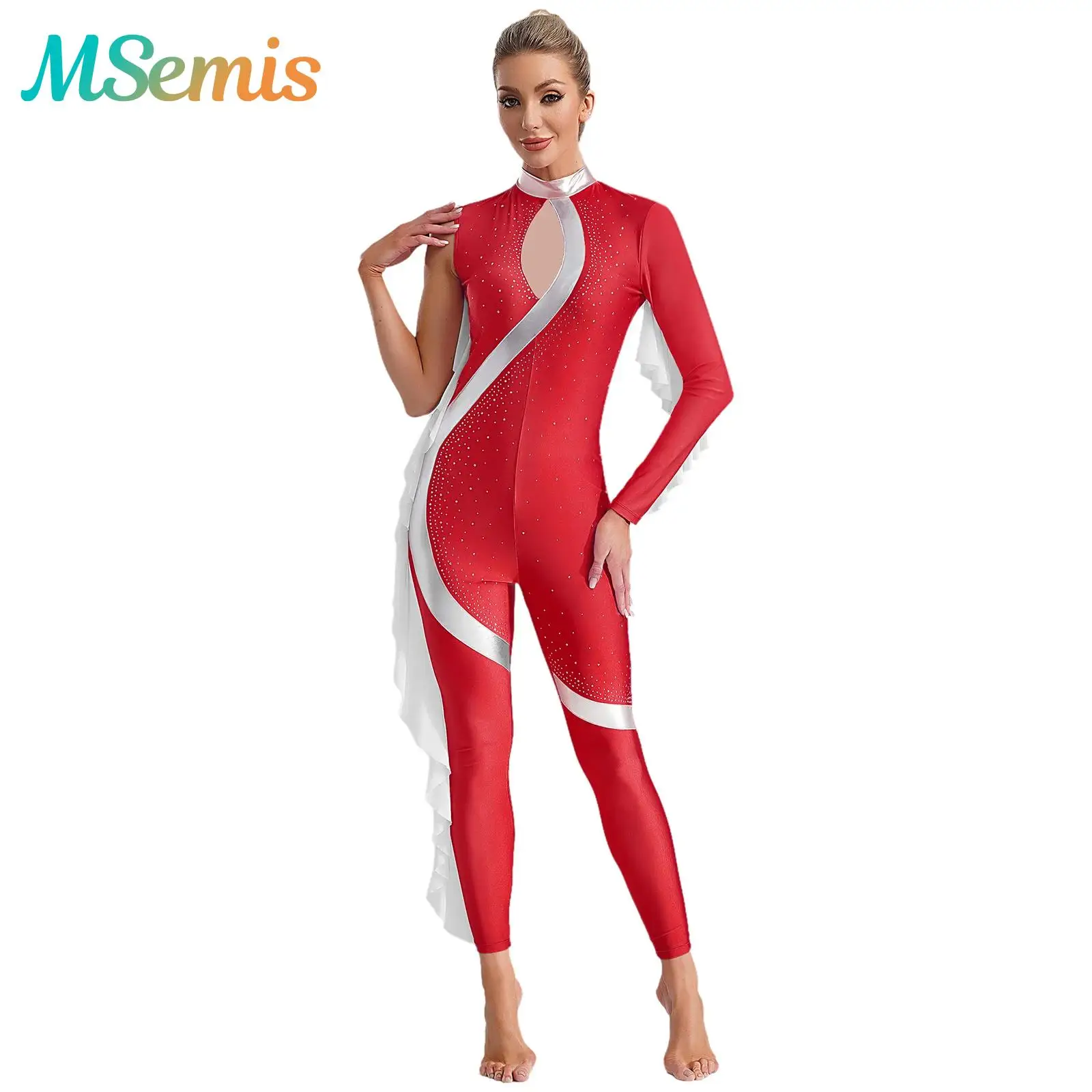 

Женский костюм для художественной гимнастики, костюм для фигурного катания, комбинезон с оборками для балета и танцев, металлический блестящий купальник со стразами, купальник для всего тела