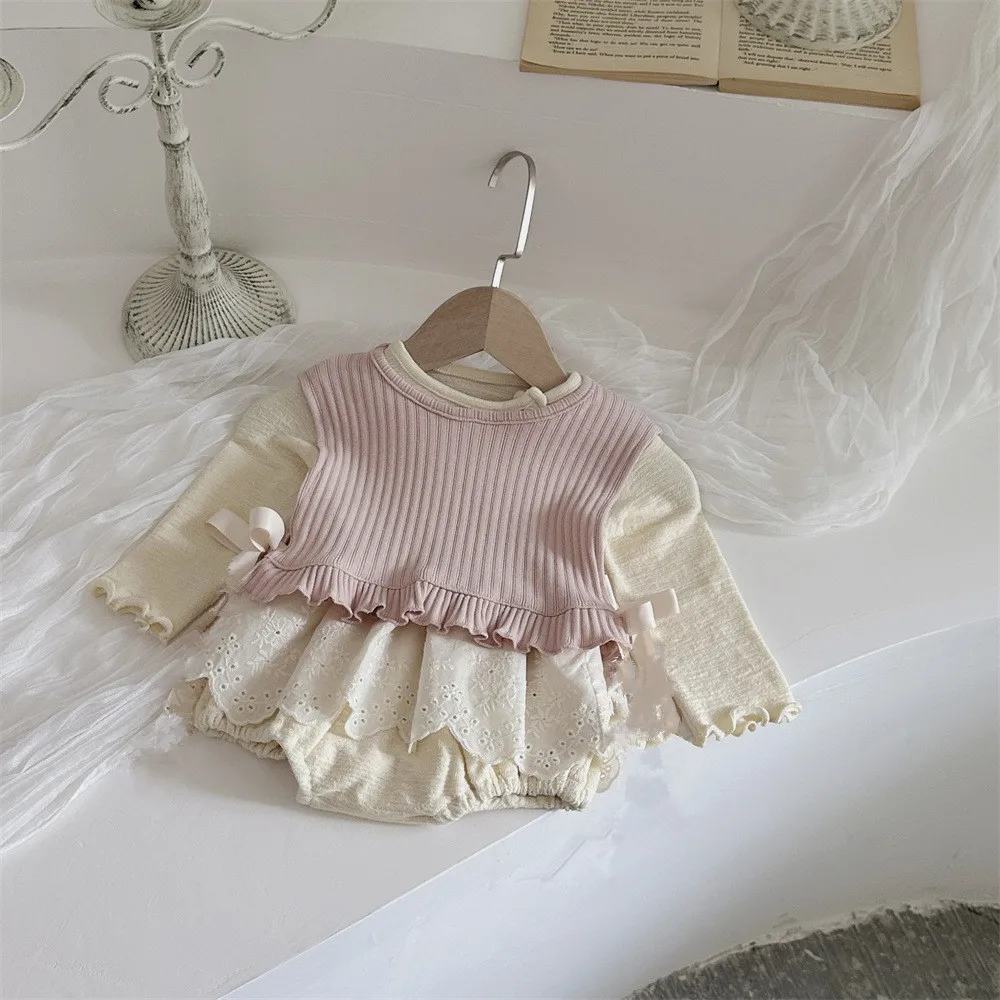 Autumn Spring Infant Baby Girl 2PCS Clothes Set Cotton Lace Patched Long Sleeve Romper Solid Ribbed Smock Outwear Princess Suits