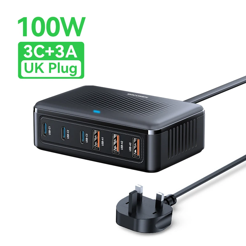 Rocoren USB-Ladegerät 100 W GaN-Ladegerät 6-Ports Desktop-Schnellladung Typ-C-Ladegerät Tragbares Kraftwerk für iPhone Xiaomi POCO