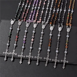 Natural Stone Tiger Eye Lava Bracelet Vintage Catholic Christ Cross Pendant Bracelets for Women Men Rosary Meditation Jewelry