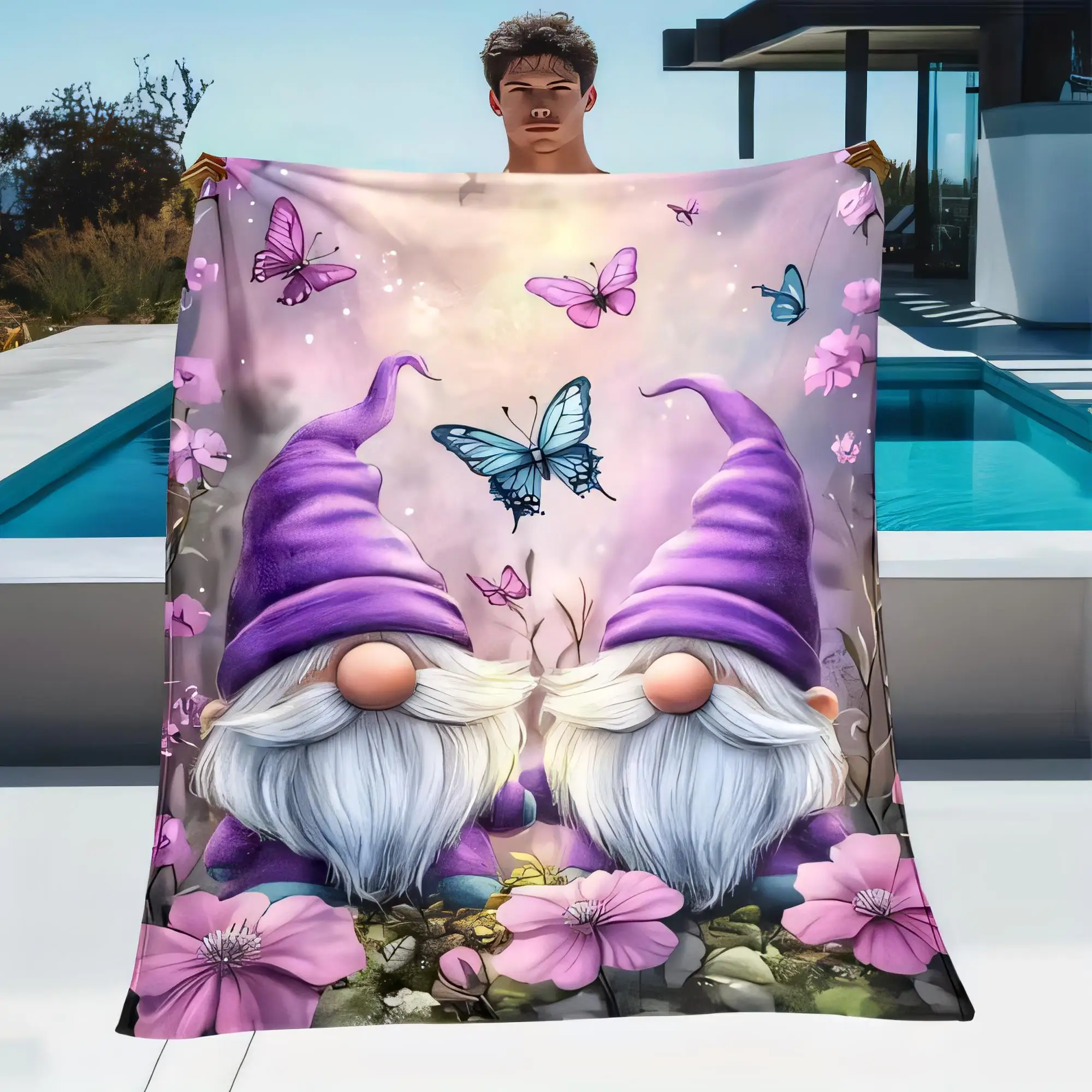 Manta de gnomo de jardín vibrante con figuras moradas caprichosas y flores rosas, manta suave y acogedora para exteriores para piscina, patio moderno