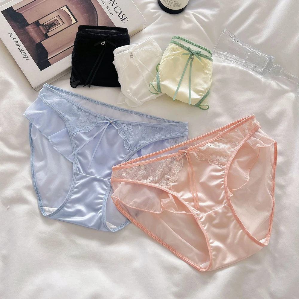 Plus Size Women's Transparent Mesh Lace Panties With Ruffle Edge Thin Bow Ribbon Sexy Sweety Underwear Female Lingerie
