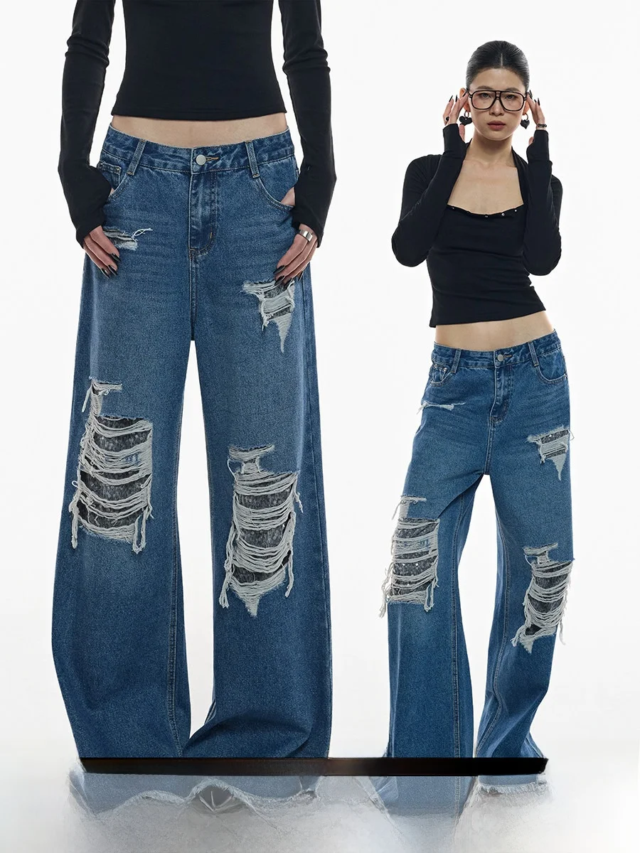 

Ourhour Blue Washed Casual Denim Jeans High Waist Straight Leg Women's Pants Glitter Patchwork Hole Ripped Spring 2026