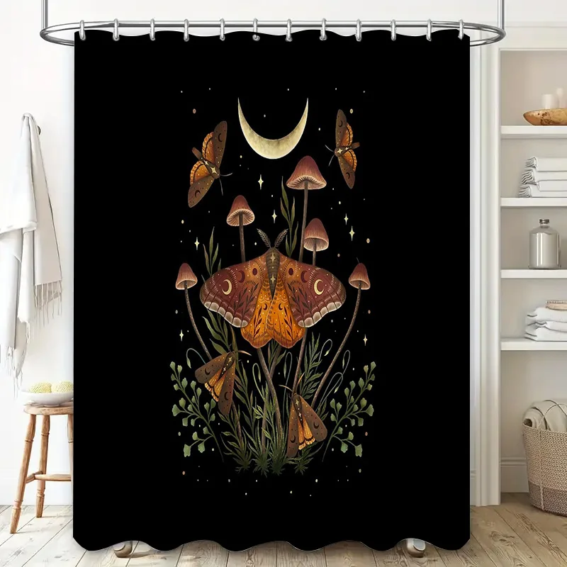 Mushroom Moth Shower Curtain Nature Forest Cottagecore Aesthetic Home Decor Vintage Gothic Dark Academia Room Divider Backdrop