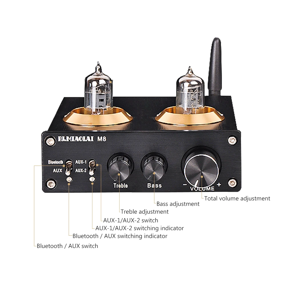 Amplificador de potência do tubo Bluetooth, PJ MIAOLAI M8, QCC3008, HIFI 6K4, 50W x 2, TPA3116