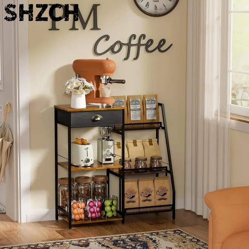 Modern Coffee Holder with Drawer - Space-Saving Organizer for Cups & Accessories, Easy-Clean Stainless Steel Design