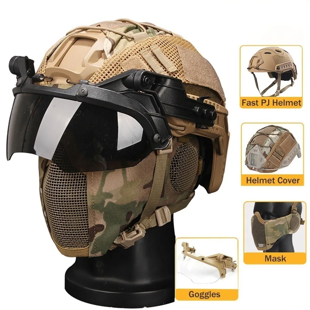 Airsoft Helmet With Op Goggles Half Face Steel Mesh Mask Ear Protection Helmet Cover,6mm Thick FAST PJ Helmet Set