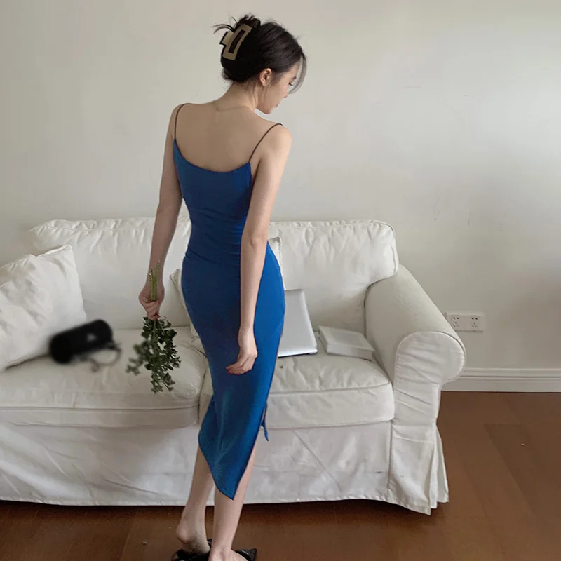 Women Sexy Girl Style High Waist Slim Side Slit Fishtail Sling Dress Solid Color Sleeveless Party Streetwear Outfits Woman