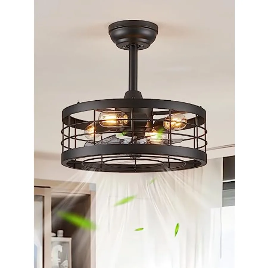 

16.5 inch Black Caged Ceiling Fan with Light for Kitchen Bedroom Outdoor, Industrial Farmhouse Fandelier, 6-Speed Remote-Contro
