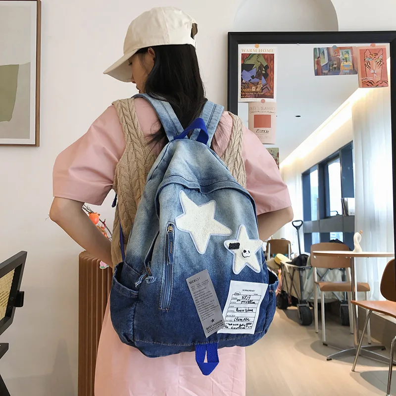 Gradient Washed Denim Rucksack with Star Patches, Large Capacity Vintage Jeans Backpack  Travel Daypack for Teen Girls