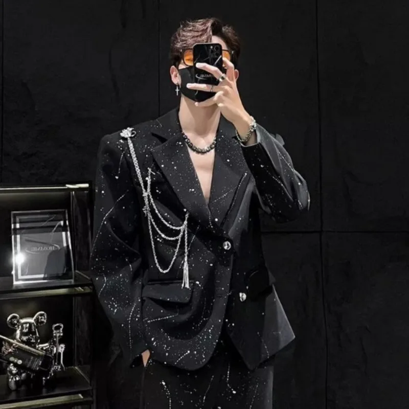 Męska marynarka WVGA na wiosnę i jesień, nowy model, wzór z efektem rozprysku tuszu, styl darkwear, modny, niszowy, szykowny, casualowy, z kołnierzykiem, Ins W17167