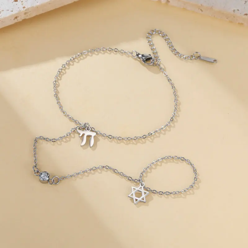 Jüdischer Davidstern Hebräischer Buchstabe Chai Fingerarmband Edelstahl Verstellbares Hexagramm Zirkon Armbänder Amulett Schmuck – Detail 5