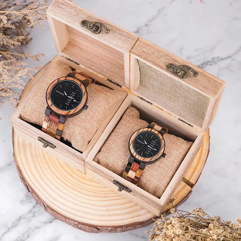 นาฬิกาคู่ BOBO BIRD นาฬิกาข้อมือไม้ควอตซ์ แสดงวัน วันที่ เวลา พร้อมไฟเรืองแสง ดีไซน์ไม้หลากสี นาฬิกาของขวัญแต่งงานแบบกำหนดเองได้