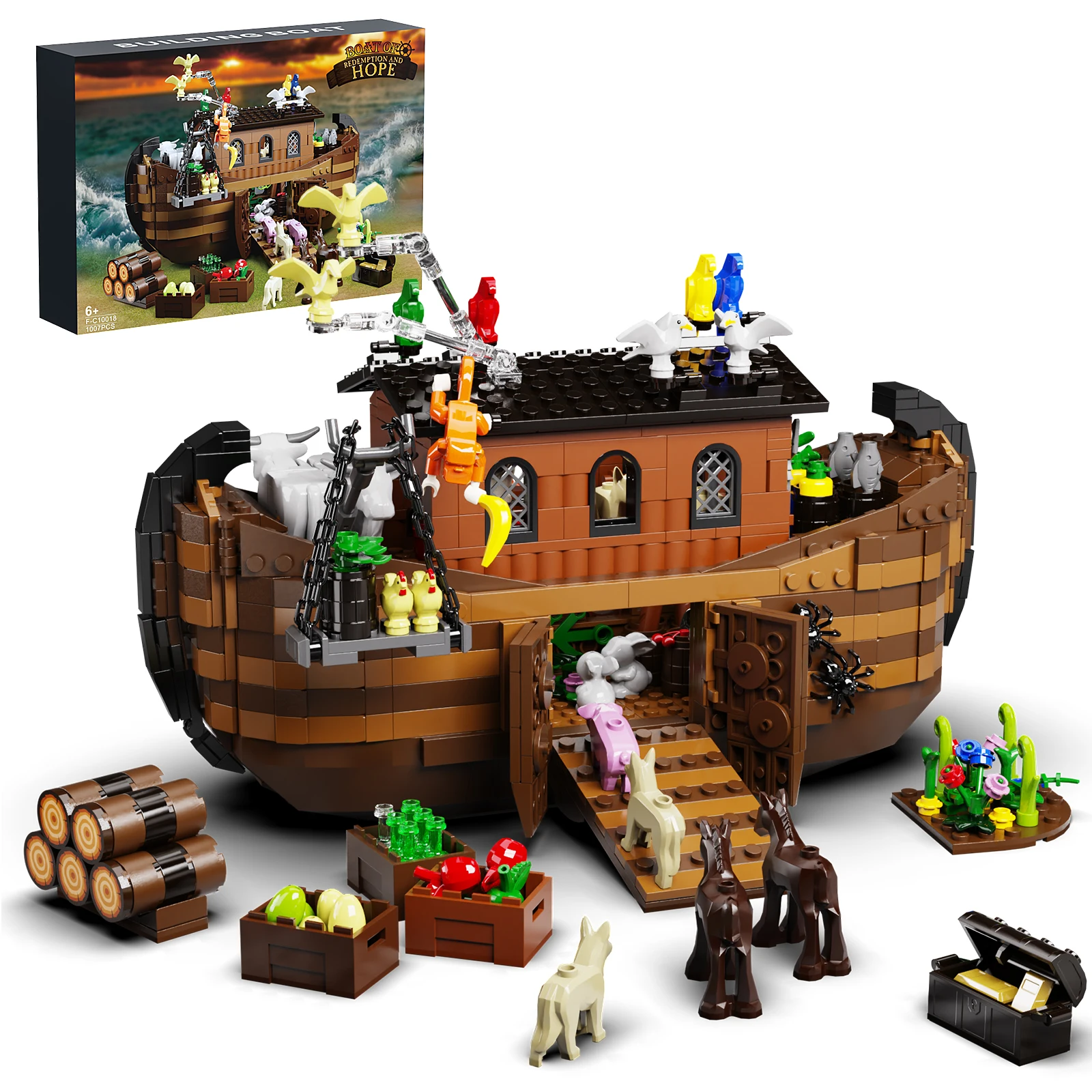 MOC Noahs Ark Medieval Boat Square Ship Building Block Set with Interior Details,Ideas Nautical Ship Model Kids Gifts