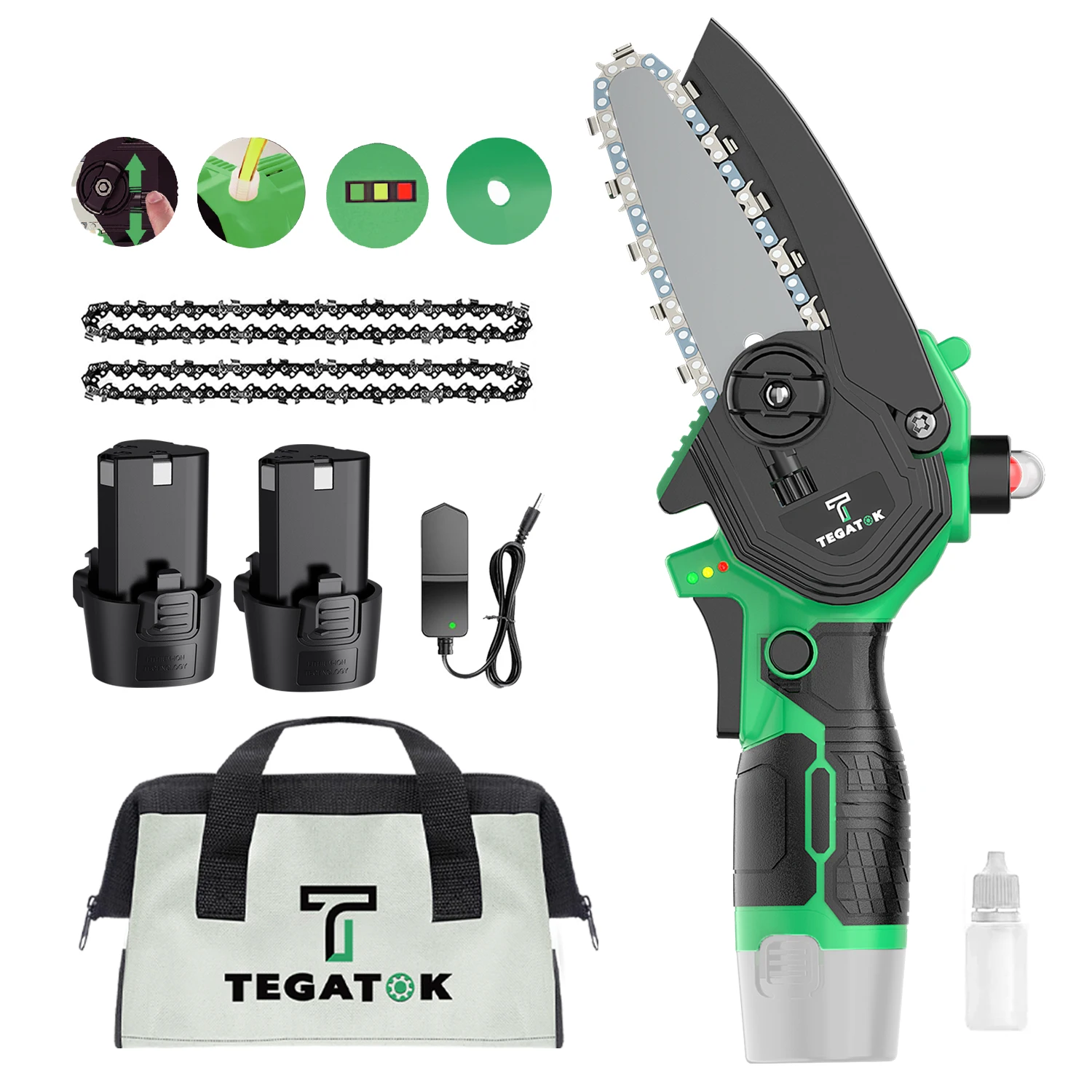 Tegatok Mini Chainsaw Cordless 4 Inch Handheld Rechargeable Chain Saw With, With 2pcs Batteries And 2 Chains