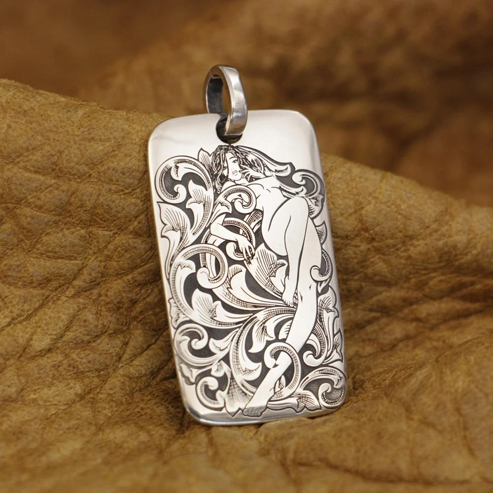 

LINSION 925 Sterling Silver Tang Grass Fairy Pendant Engraving Punk Jewelry 9X053 Size 20x35mm