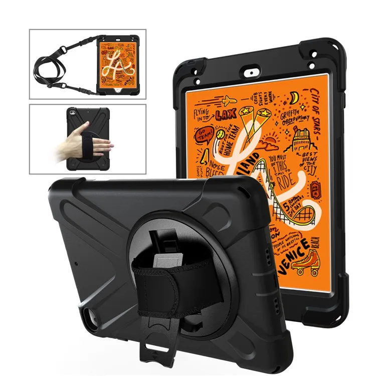 

For iPad mini (2019) 7.9 inch / mini 4 X-Shape PC + TPU Rotary Kickstand Cover with Handstrap + Shoulder Strap - Black