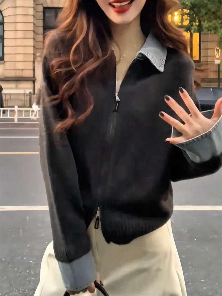 

Корейский ретро-кардиган из денима с воротником-стойкой и вязаными вставками, осенне-зимняя новинка, модный топ больших размеров для женщин