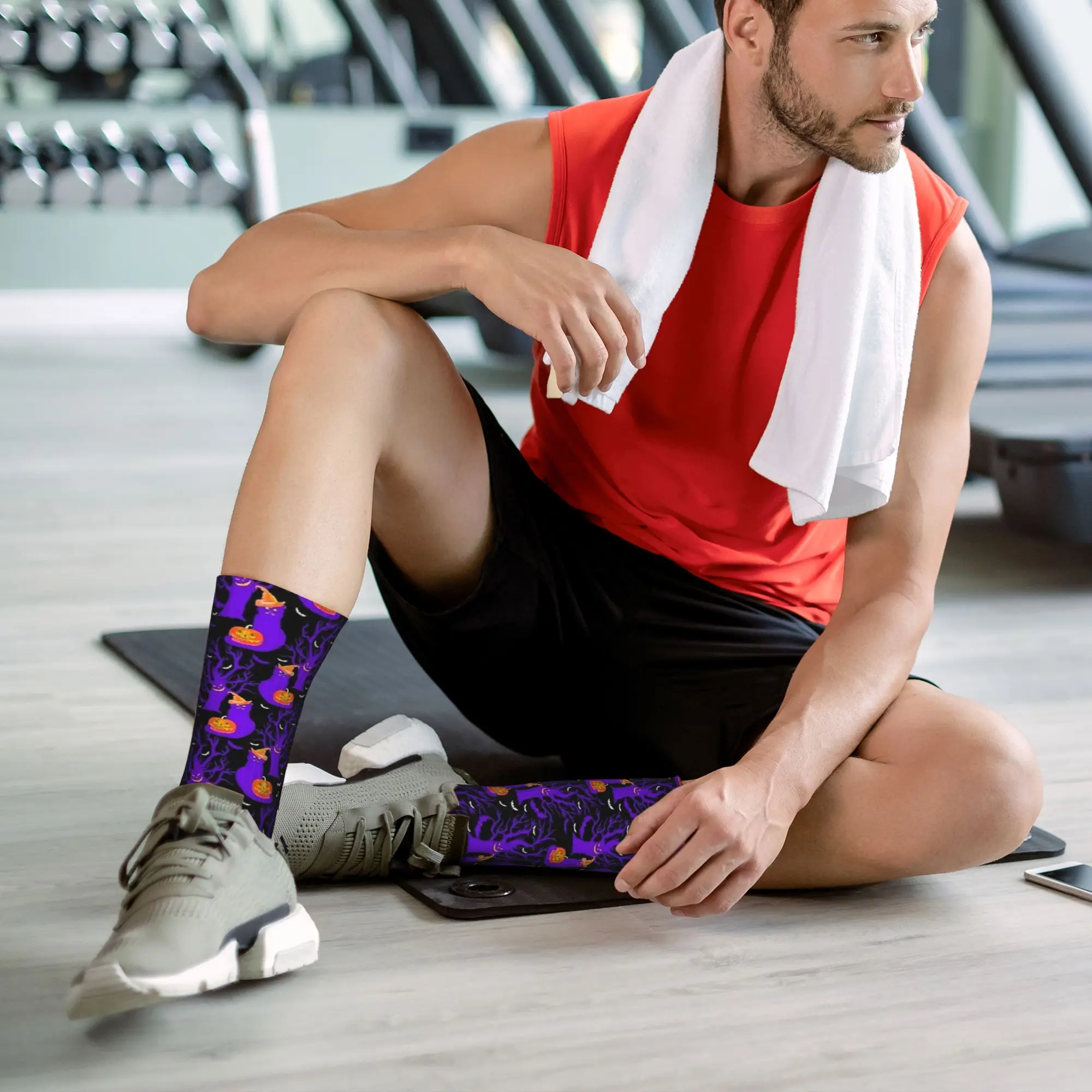 شبح القط الأسود اليقطين هالوين جوارب مخيف مخصص Harajuku الجوارب الخريف المضادة للانزلاق الجوارب الرجال الجري تنفس الجوارب