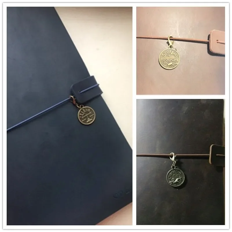 Vintage Travelers Notebook Accessories 12 Constellation Pendant for Midori Planner Decorative Stationery Double Side Retro Brass