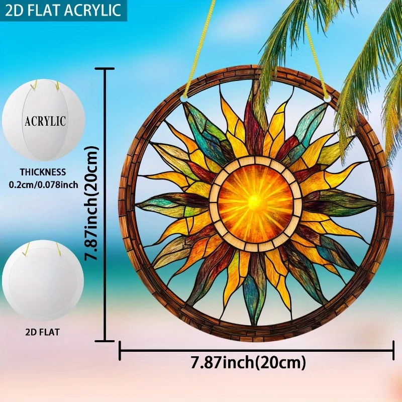 Acrylic Painting Stained Glass Style Vibrant Sunburst with Multicolored Petals and Radiant Sun Core Plastic Window Hanging Sunca