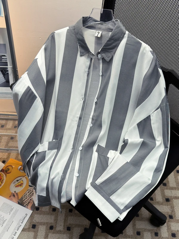 

Мужская полосатая рубашка, весна 2025, новая свободная модель с длинным рукавом, модный повседневный топ в художественном стиле, молодежная верхняя одежда на каждый день, весенняя верхняя одежда