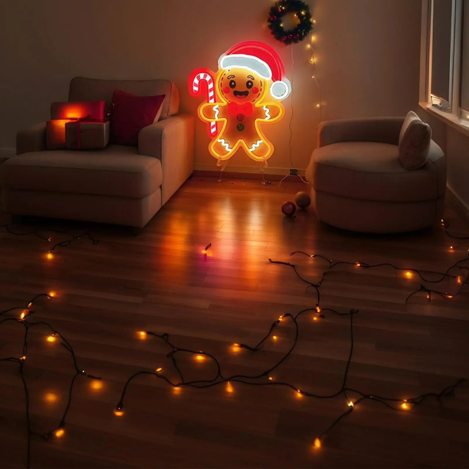 Gingerbread Candy Cane LED Neon Sign for Wall Decor UV Printed Design USB Dimmable for Holiday Party Kids Room Window Gift