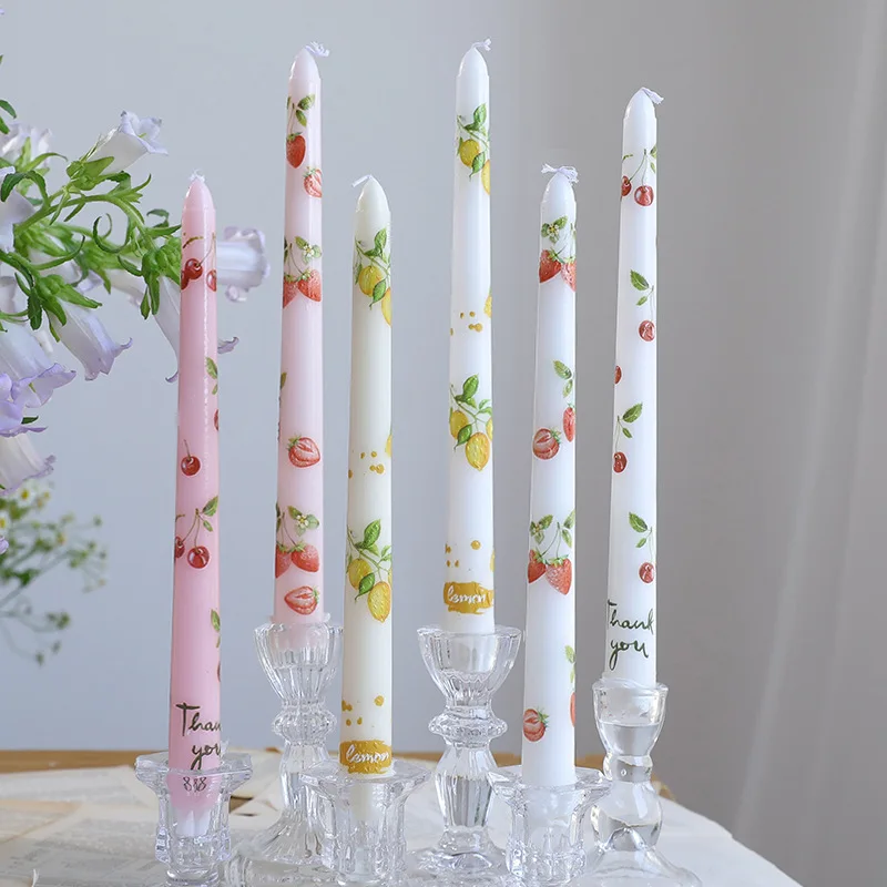 2pc 25cm Fruit-printed Long Pole Candle, Smokeless Romantic Wedding Candlelight Dinner Candle, High-end Atmosphere Decoration