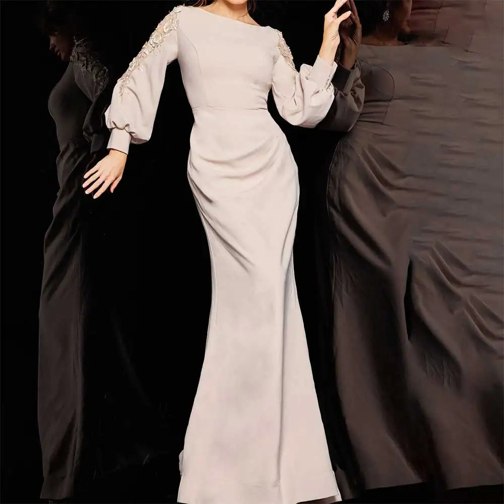 

2025 Elegant Long Sleeve Mermaid Evening Dress with Pleated Lace Appliques Prom Party Dress Women Formal Gowns for Wedding