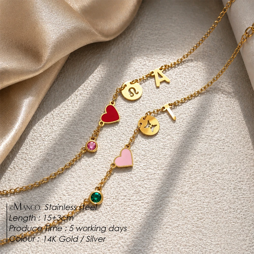 EMANCO Custom Stainless Steel Gold Color Charm Bracelet Red Enamel Heart Zodiac Sign Initial Letter Pink Crystal Pendant Jewelry