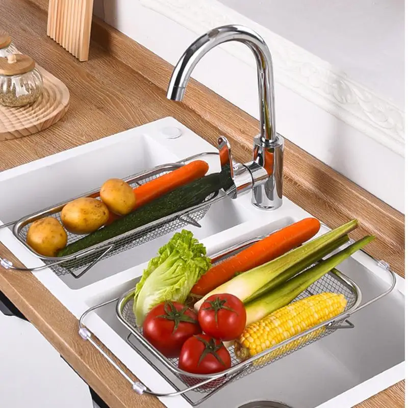 Over Sink Dish Drying Rack Extend Kitchen Rack Draining Basket Fruit Storage Mesh Telescopic Sink Storage Rack For Kitchen Sink