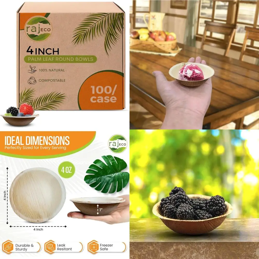 

Disposable Palm Leaf Bowls, 100-Count, 4" Strong Compostable Party Bowls - Eco-Friendly Decorative Tableware for Large Events