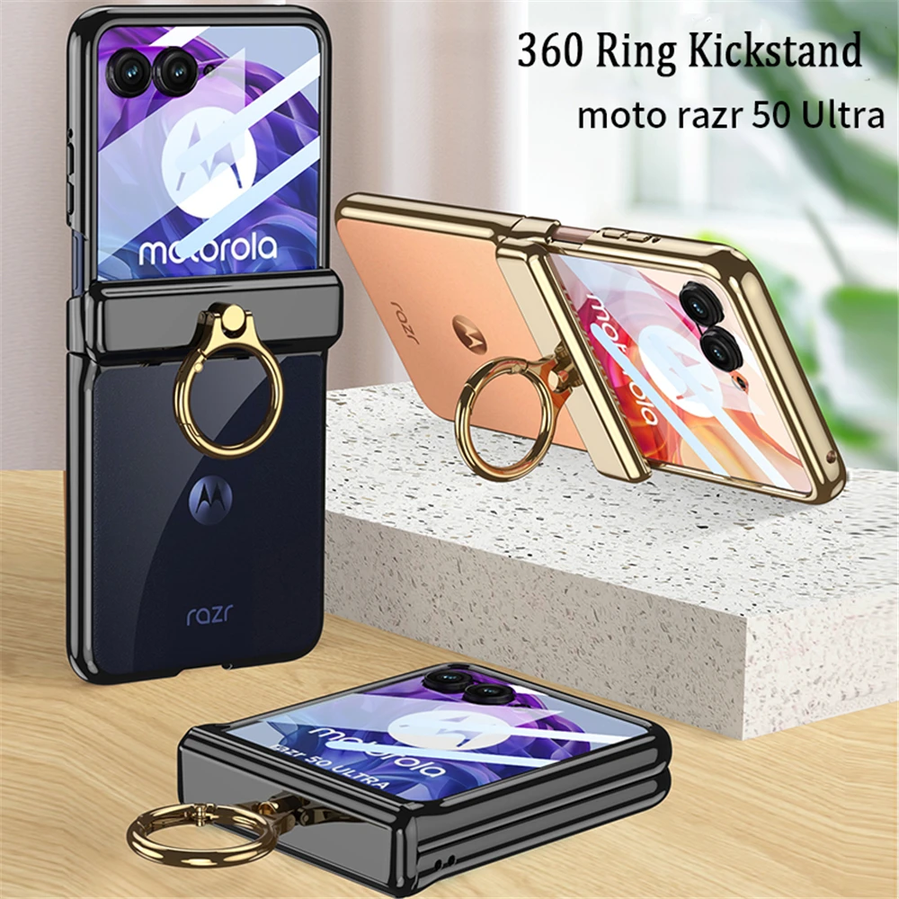 

For Motorola Razr 50 Ultra Case Transparent With 360 Ring Kickstand Magnetic Hinge Folding Small Screen Protection Phone Cover