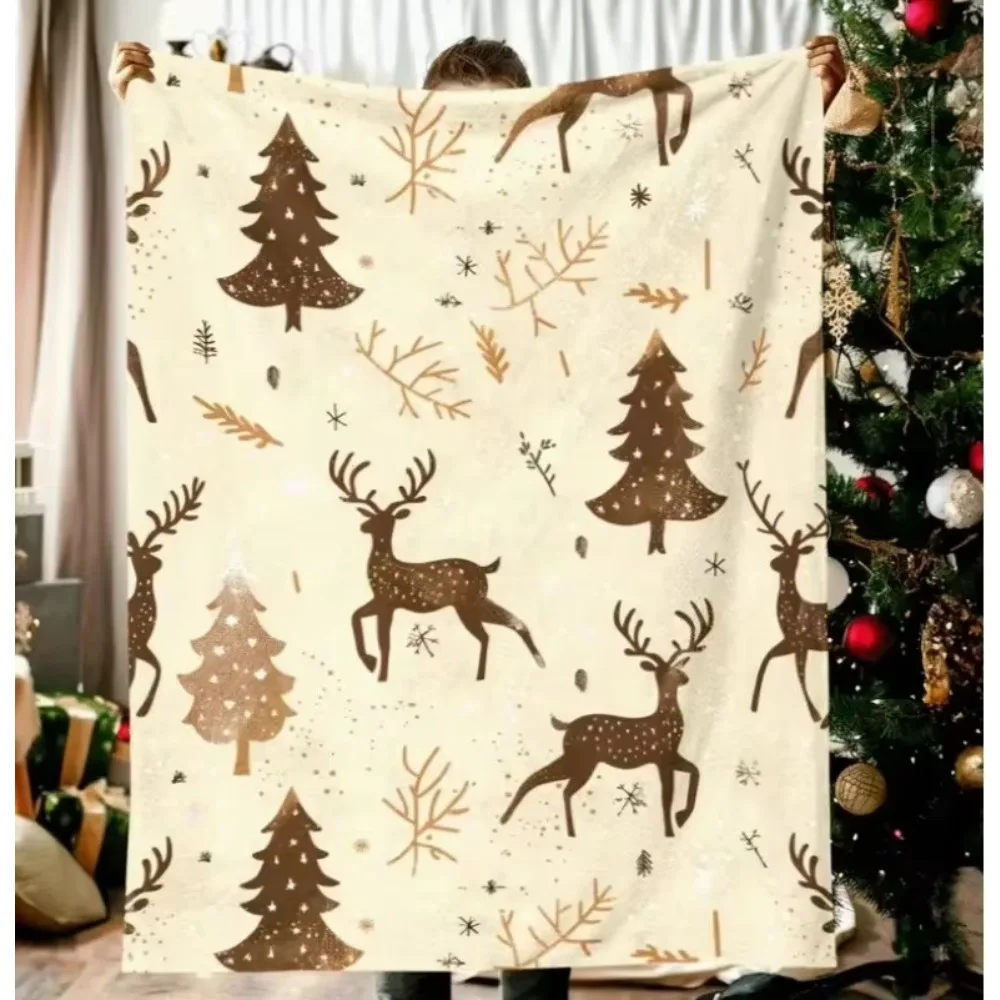 Rustic Deer Christmas Tree Throw Neutral Tone Holiday Decor Sofa Bedroom Cozy Nap Relax Farmhouse Style Housewarming Gift