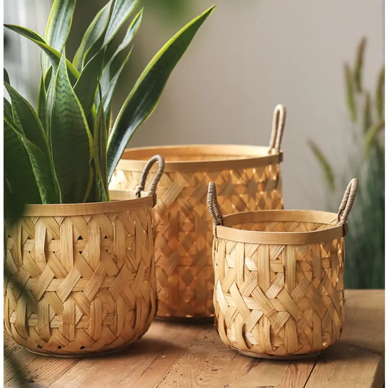 Natural Bamboo Woven Flower Basket Living Room Standing Garden Pots Double Ear Handles Green Plants Interior Decor Plant Stand