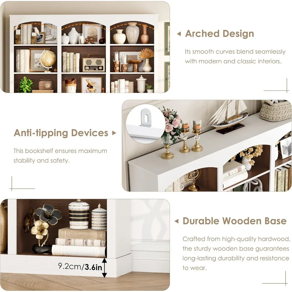 Estante tripla larga de 71", estante alta de 6 camadas, estante grande com defletor curvo, prateleira para livros de 63,4" de largura com 18 expositores abertos