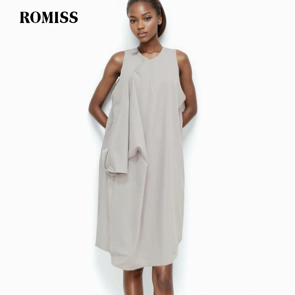 ROMISS Irregular Solid Dress For Women Round Neck Sleeveless Patchwork Ruched Vintage Midi Dresses Female Clothing Summer New