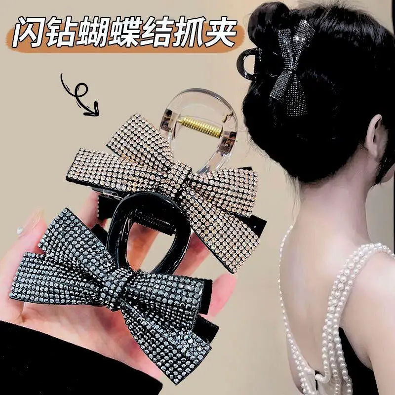

Shiny Bow Crystal Hair Claw Clip For Women Luxury Rhinestone Hair Accessories Elegant Full Diamond Bow High Ponytail Shark Clip